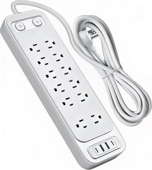 Image of a sleek, modern surge protector with multiple outlets and USB ports against a gray background.