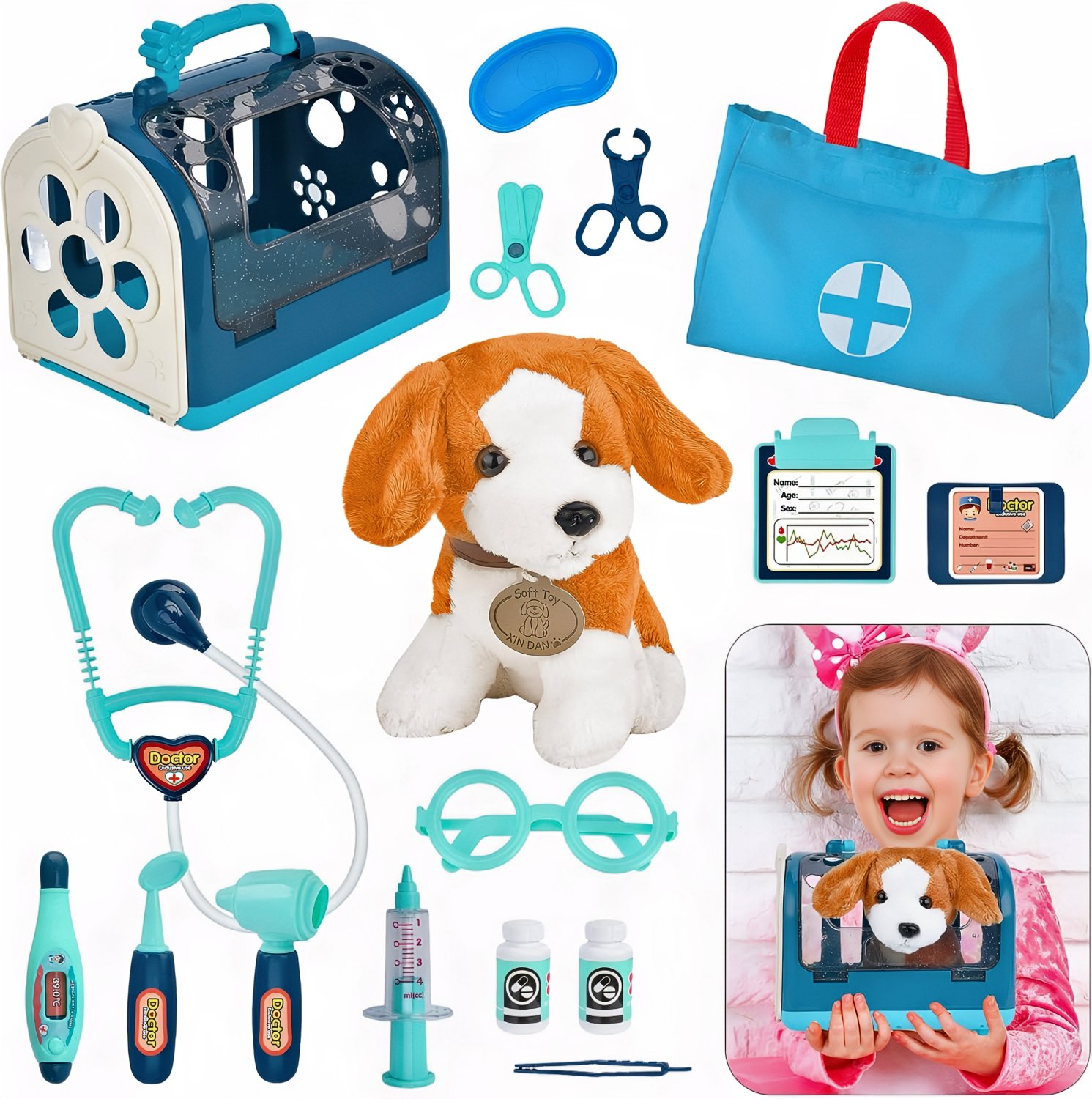 Toy doctor kit with stethoscope, syringe, and medical tools on a colorful background.