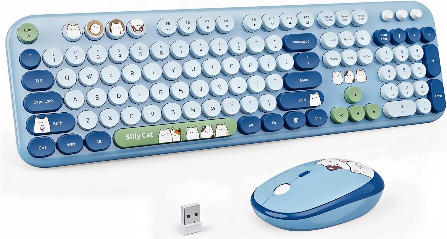 Candy-colored retro keyboard with round keys in playful pastel shades.