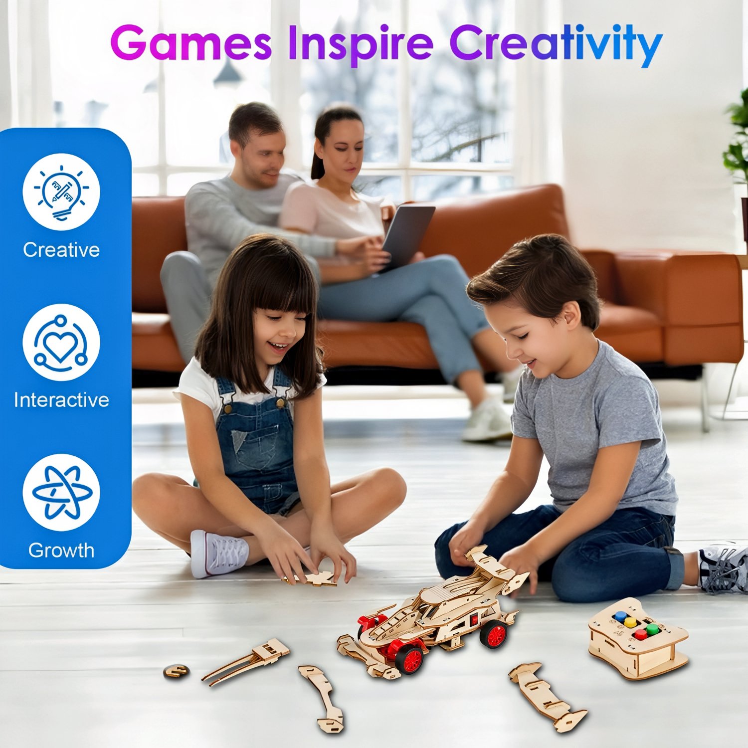 Kids building an F1 car model from a STEM kit with parts and tools scattered around.