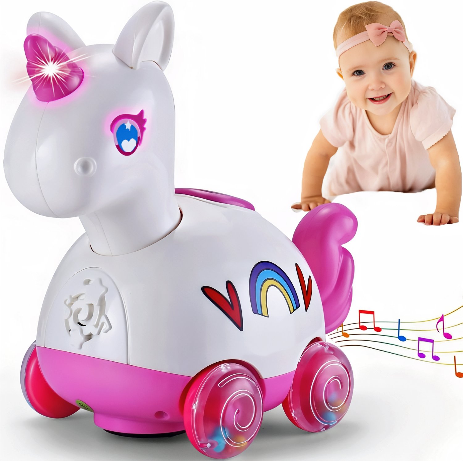 Toy unicorn with wheels and colorful design for crawling infants.