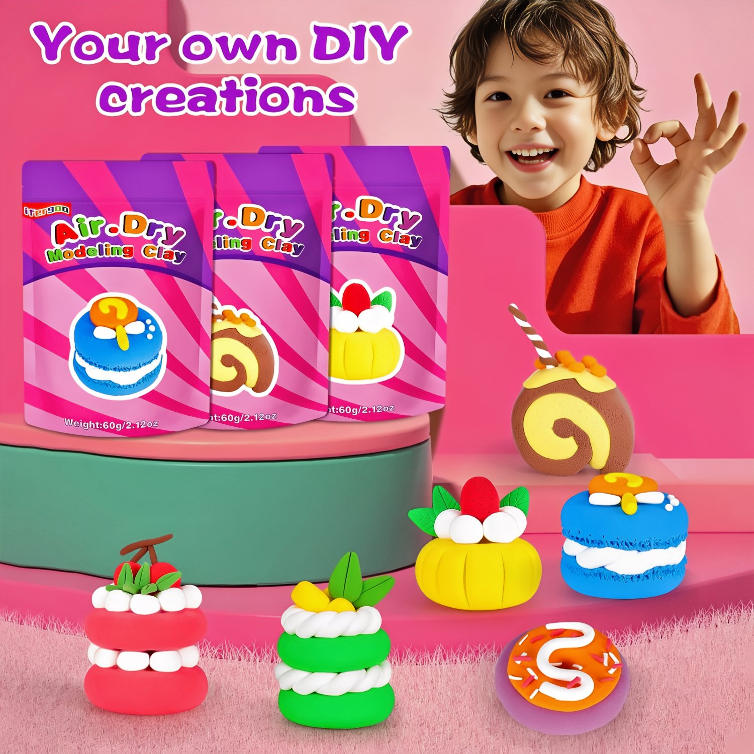 Colorful air dry clay kit with various child-friendly shapes and tools on display.