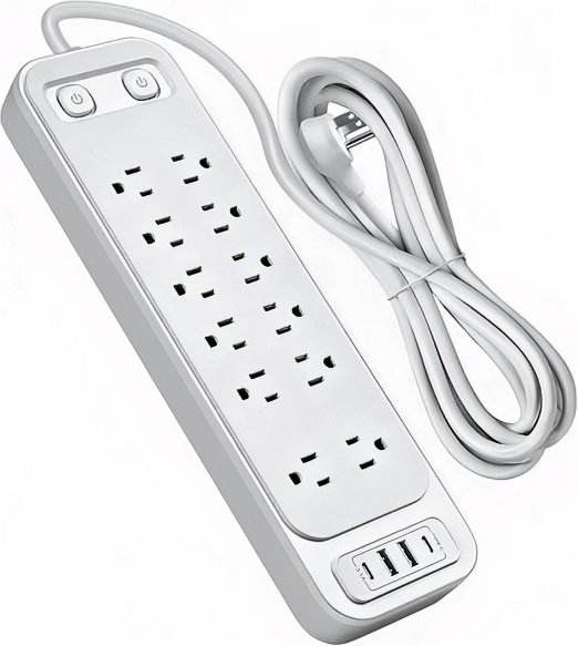 Power strip with surge protection and multiple outlets on a white background.