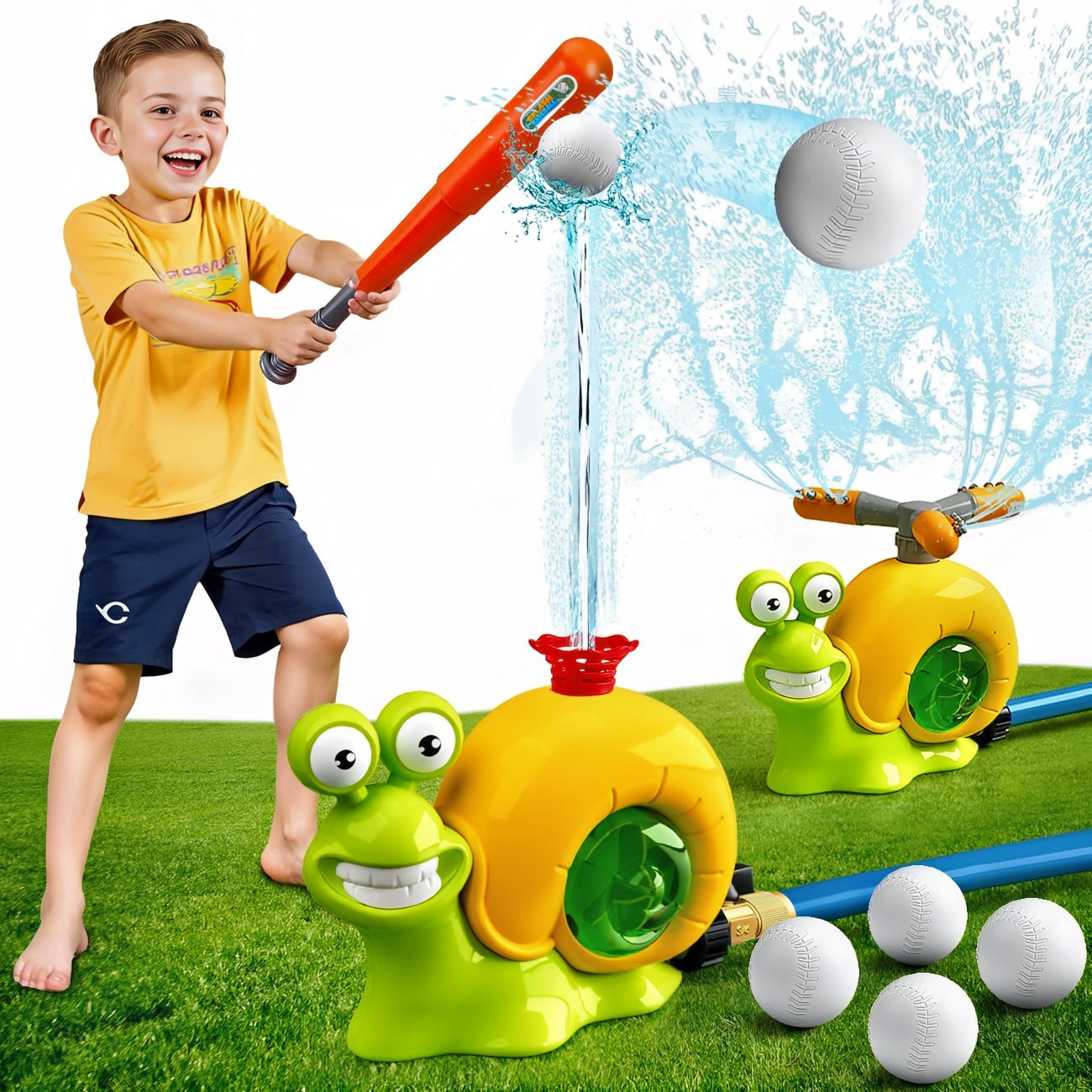 A child swings a bat at a baseball spraying water in a sunny backyard setting.