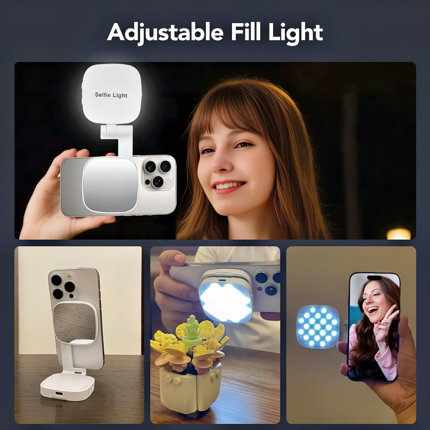 iPhone with MagSafe LED ring light attached, illuminating for a perfect selfie.