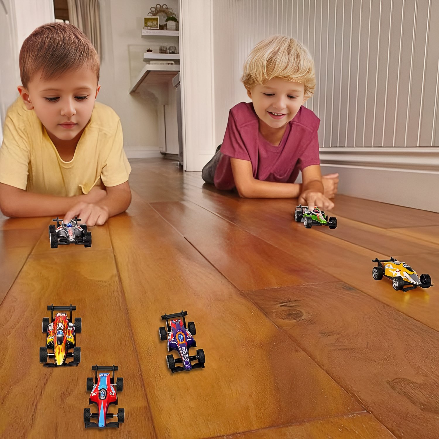 Colorful pull-back toy cars arranged in a semi-circle on a soft, light-colored surface.