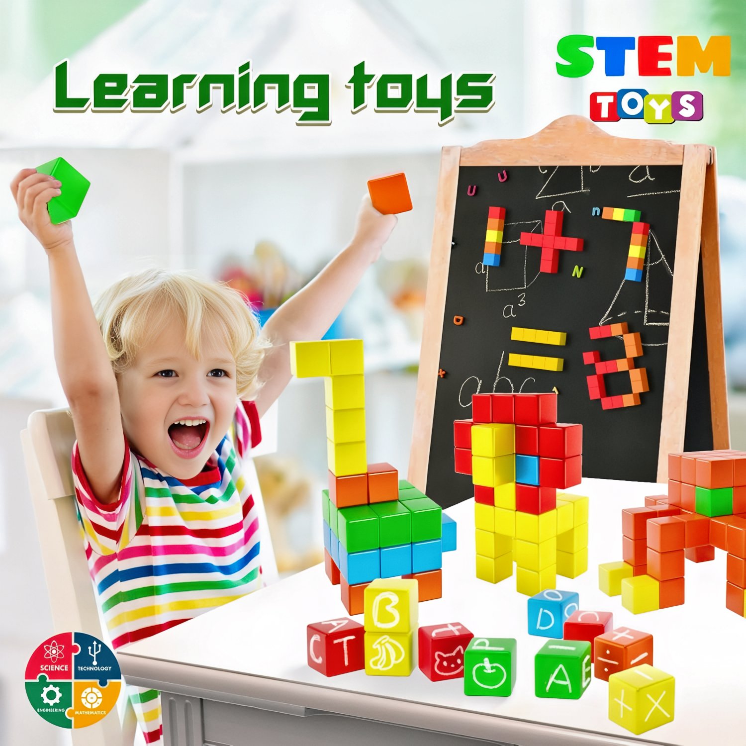 Colorful magnetic blocks arranged in creative shapes on a white background.