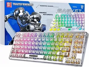 Transformer-inspired keyboard with vibrant light effects on a sleek, modern desk setup.