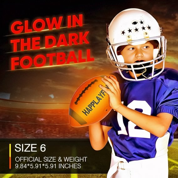 Kids playing nighttime football with glowing equipment under a starry sky.