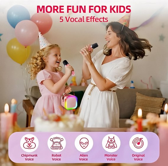 Kids' karaoke machine with microphone and colorful lights, perfect for budding pop stars.