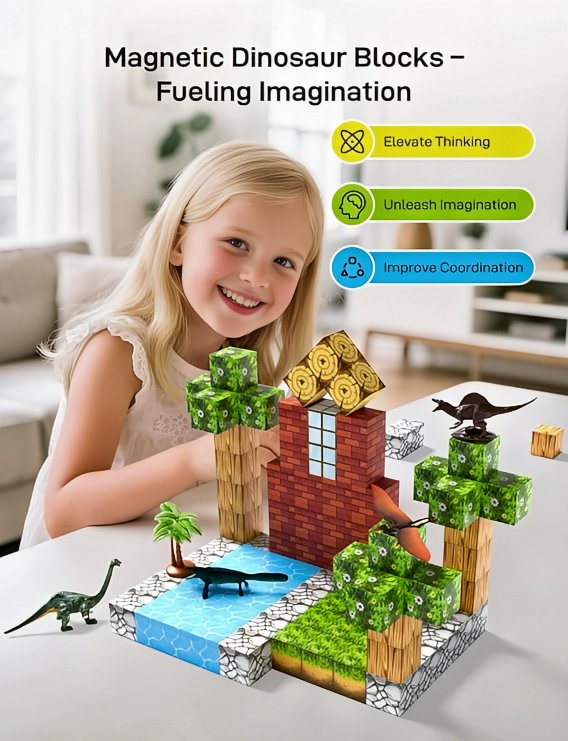 Dino-Magnetic Adventure Blocks: Dino-shaped magnet blocks for creative kids' play.