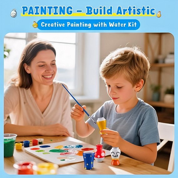 Child shaping clay on a pottery wheel, surrounded by tools and colorful creations.