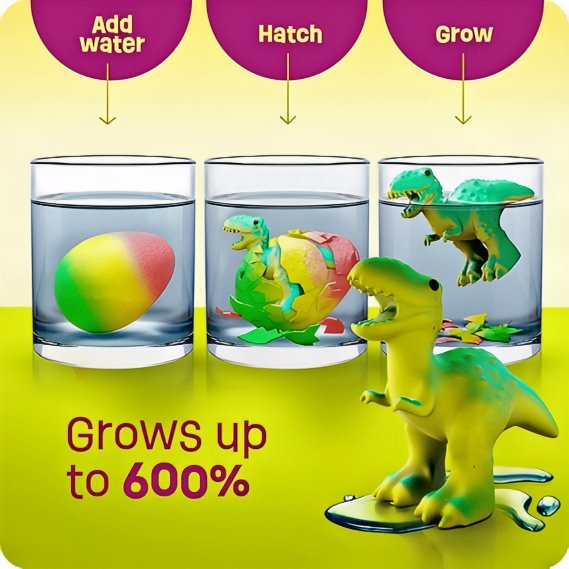 Dinosaur egg hatching kit box with a child excitedly observing a dinosaur model.