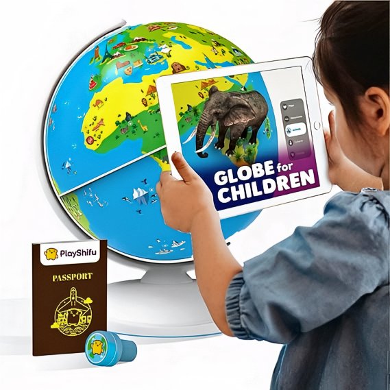 A child explores PlayShifu Orboot Earth Globe with a tablet in a colorful playroom.