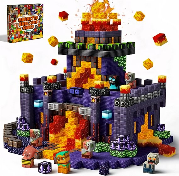 Magnetic building blocks forming a colorful, creative structure on a white background.