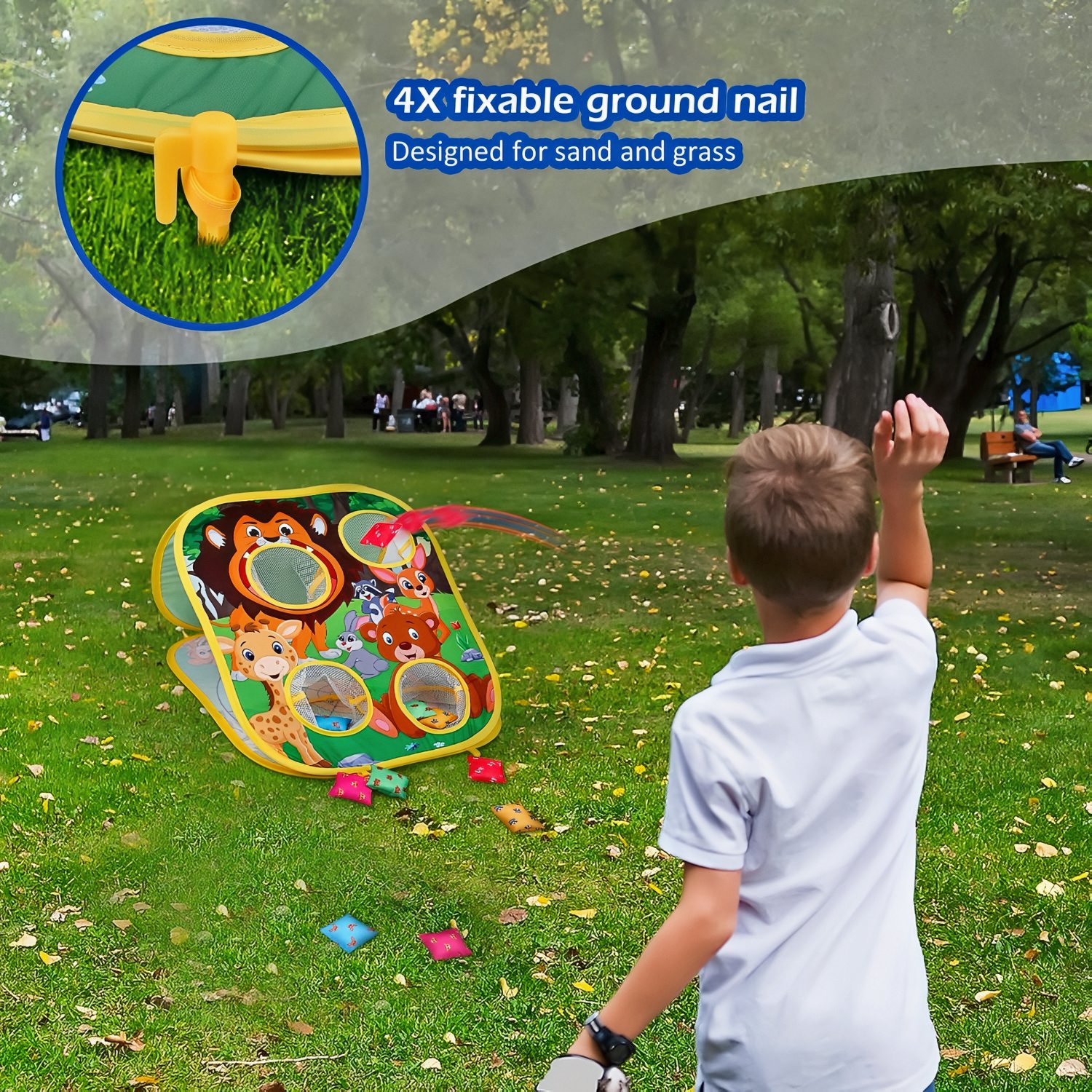 Animal-themed bean bag toss game set up outdoors on a sunny day.